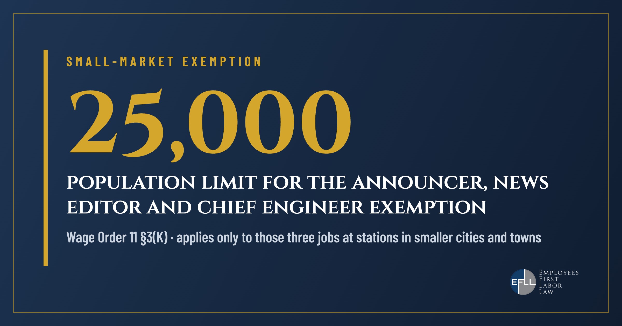 Wage Order 11 small-market overtime exemption for towns of 25,000 or fewer people