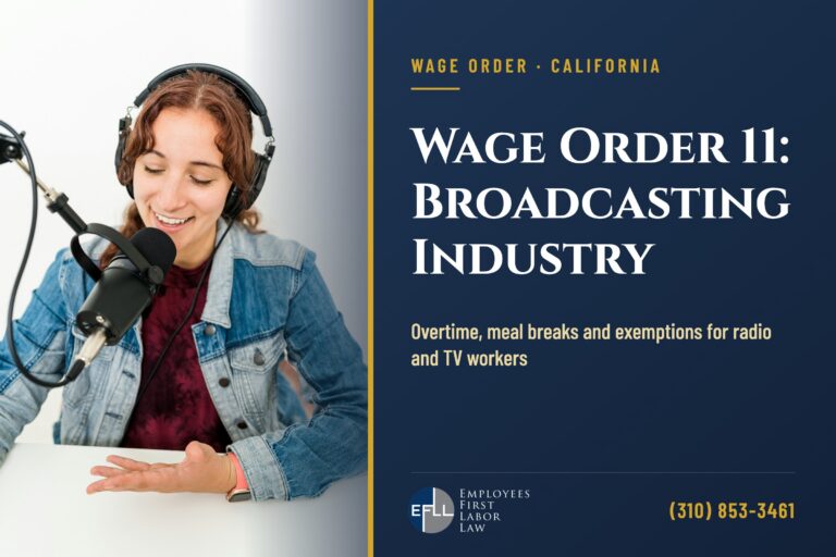 Radio host speaking into a studio microphone, illustrating California Wage Order 11