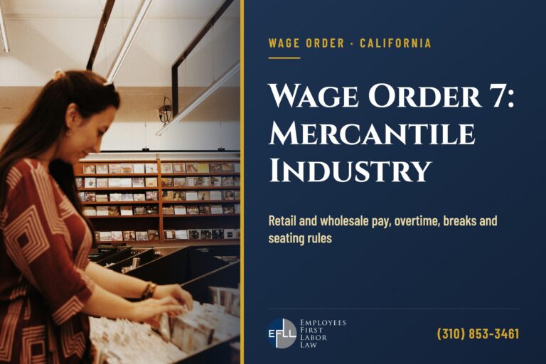 Retail store employee arranging merchandise, illustrating California Wage Order 7