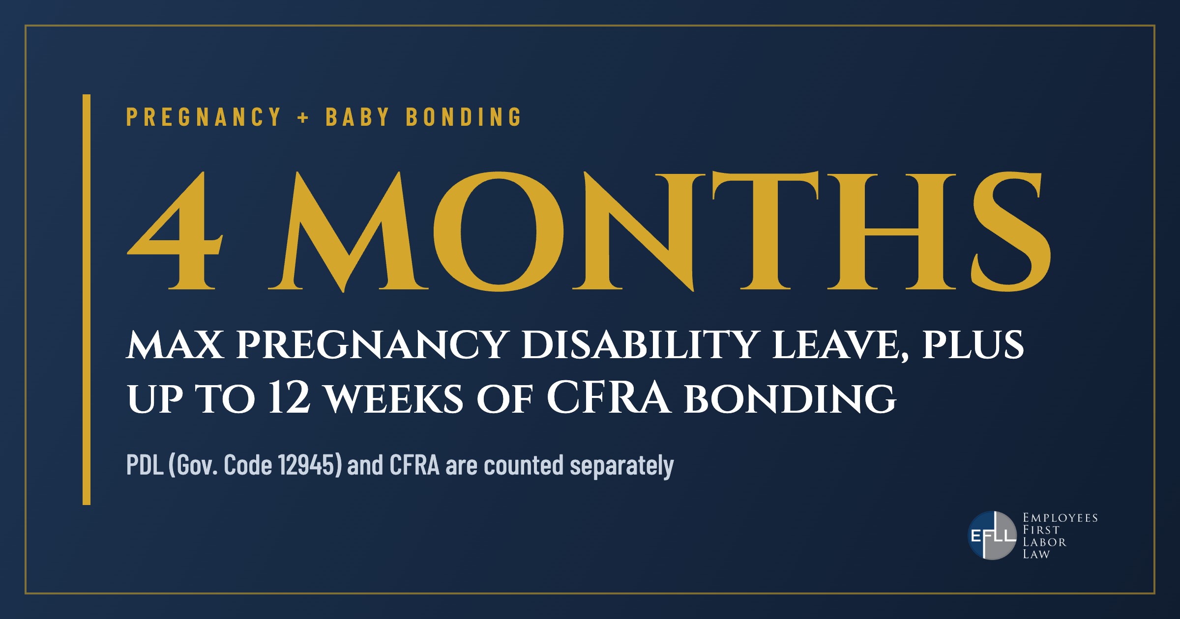 Pregnancy disability leave of up to 4 months, plus up to 12 weeks of CFRA baby bonding leave