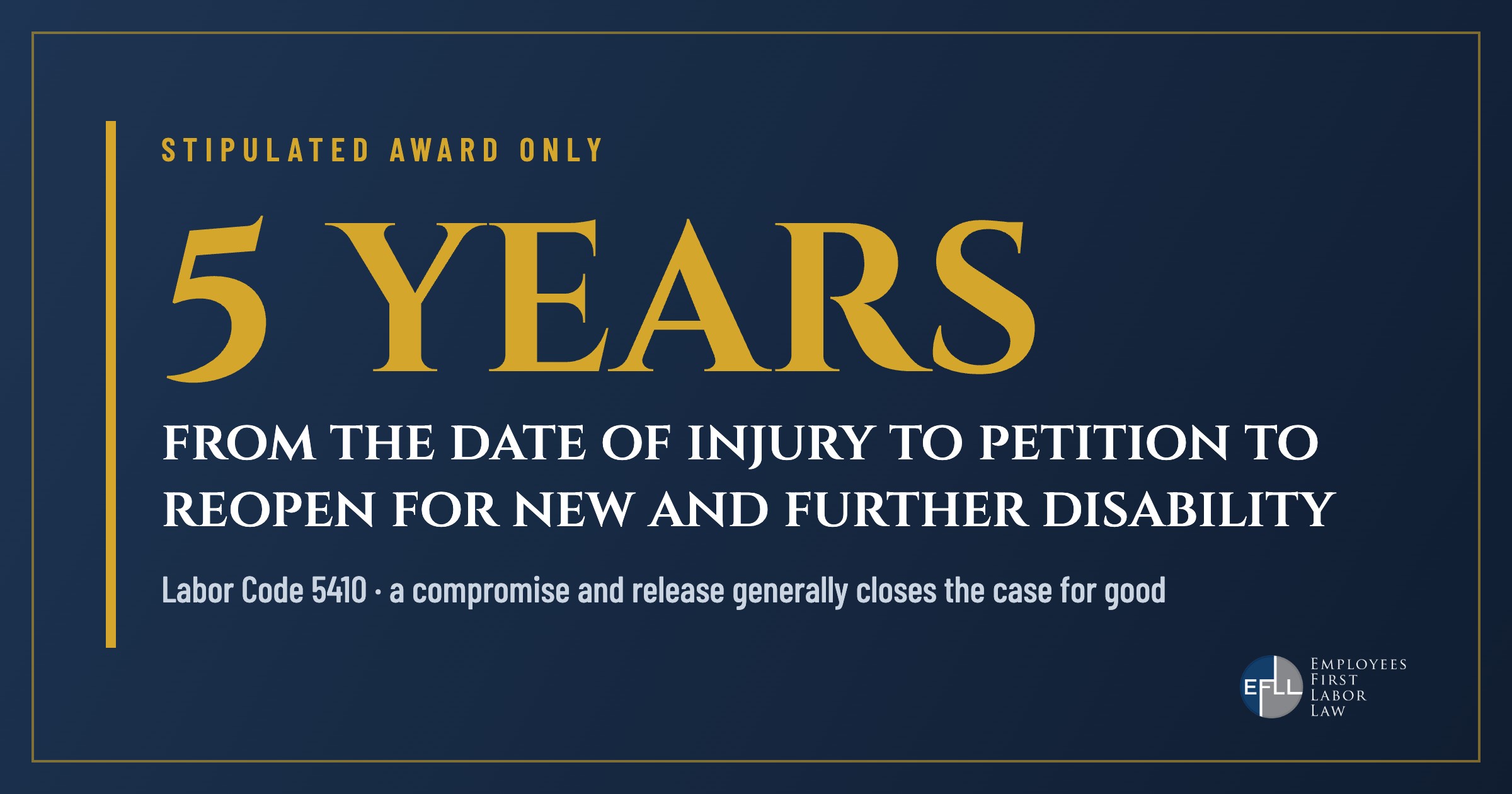 A stipulated award can be reopened within 5 years of the date of injury (Labor Code 5410)