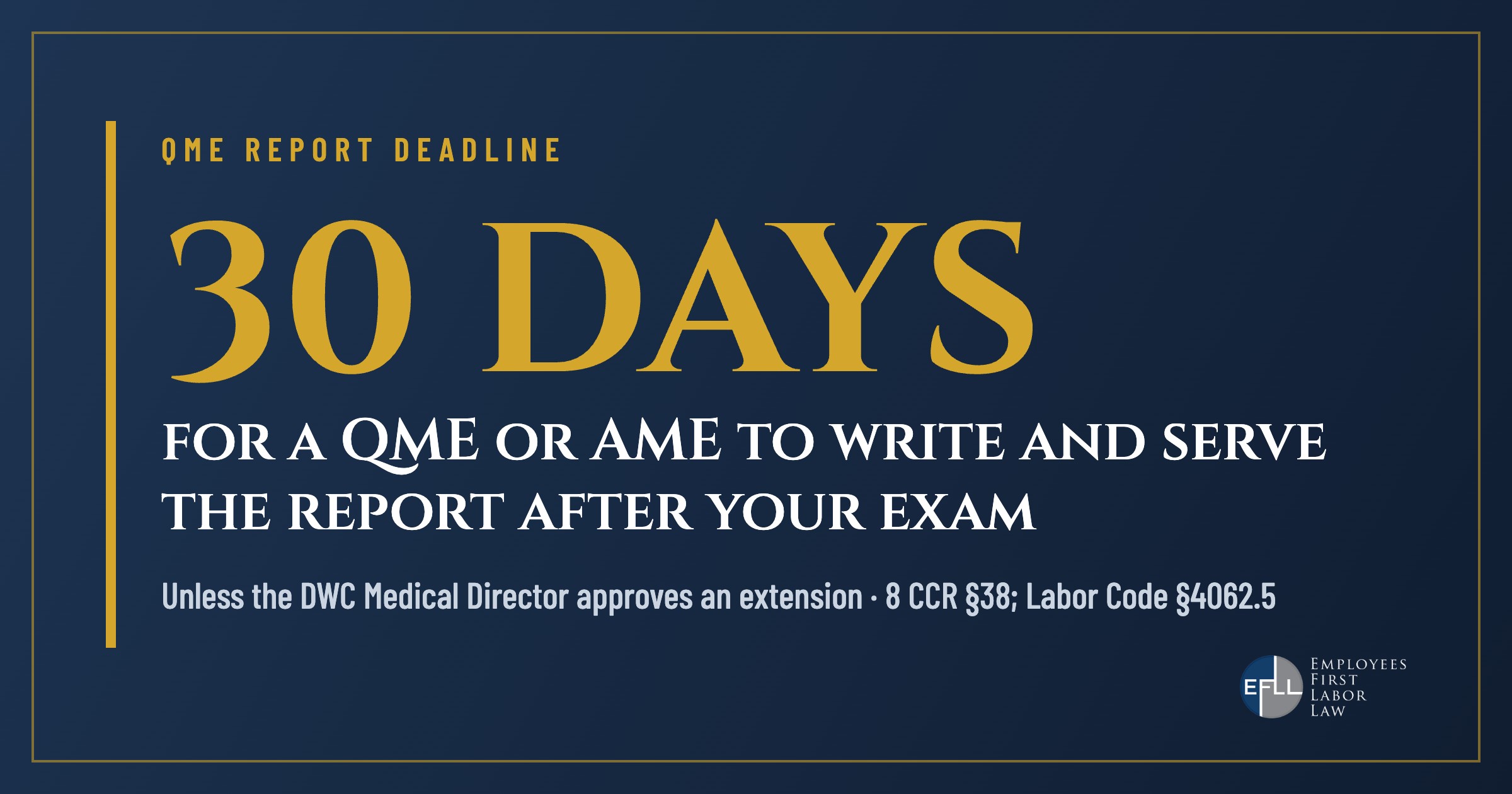 A QME or AME generally has 30 days after the exam to serve the report (8 CCR 38)