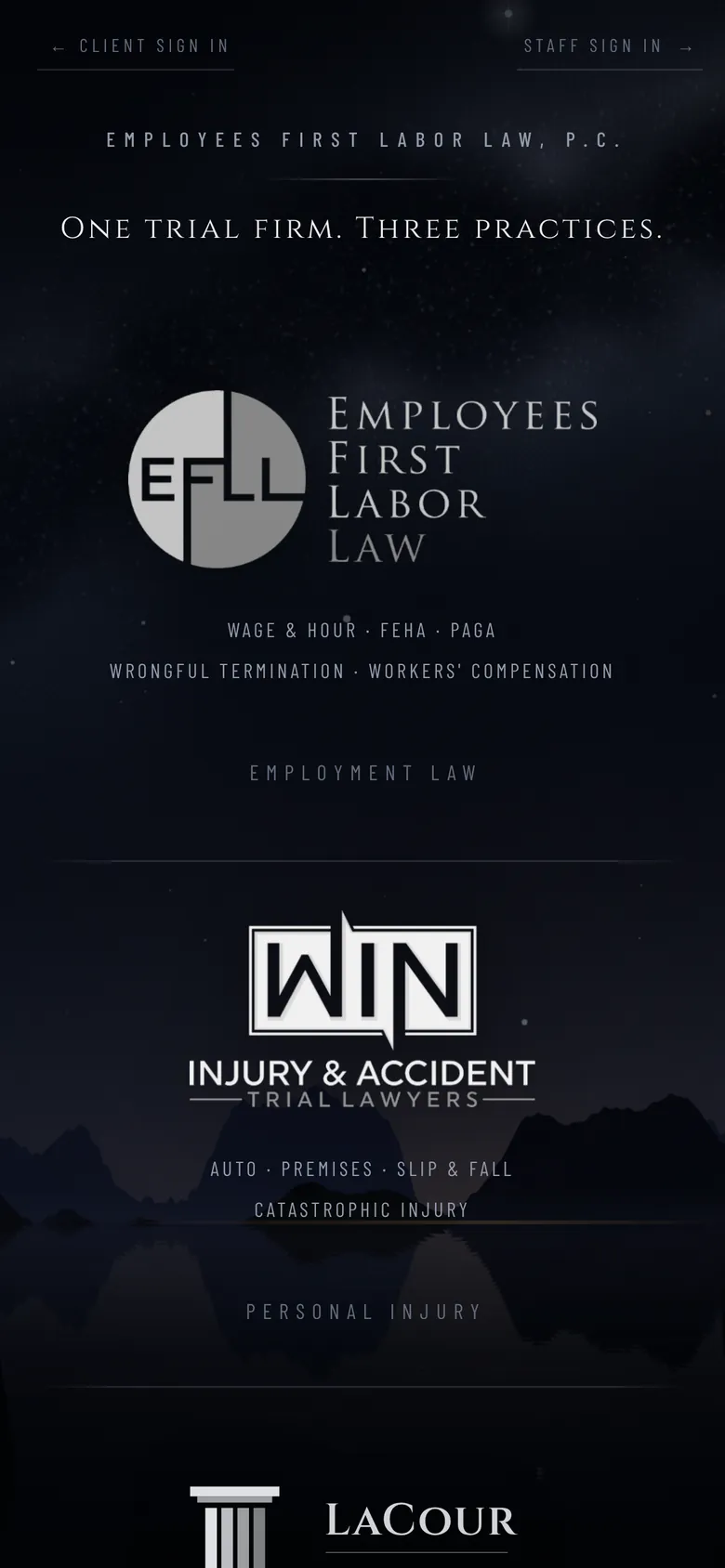 The efll.law home page on a phone. The link “← Client Sign In” is at the top left, above the words Employees First Labor Law, P.C.