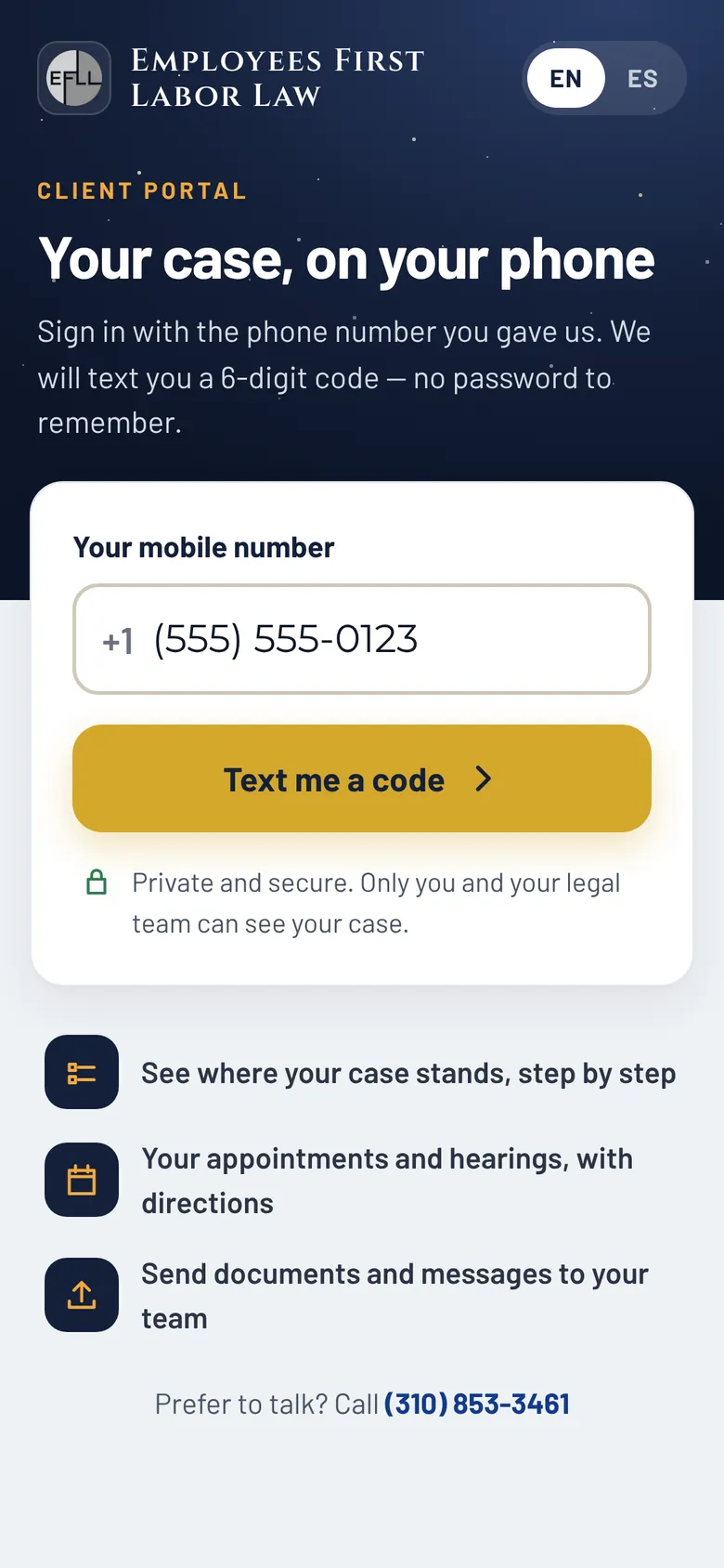 The my.efll.law sign-in screen titled “Your case, on your phone,” with a sample mobile number typed in and a gold “Text me a code” button.