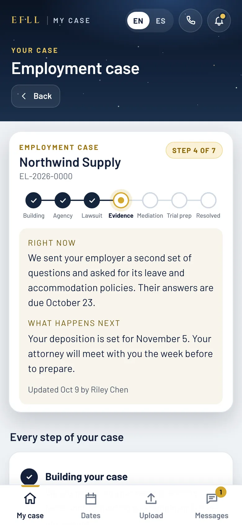 The View case screen for an employment case: Step 4 of 7 on the tracker, then “Right now” and “What happens next” notes, updated by a named team member.
