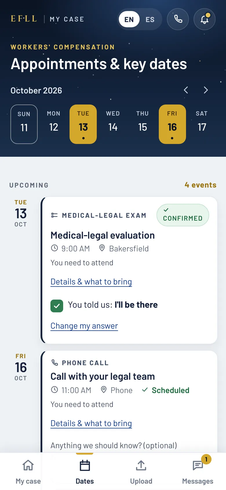 The Appointments & key dates screen: a week strip for October, a confirmed medical-legal evaluation, and a scheduled phone call with the legal team.