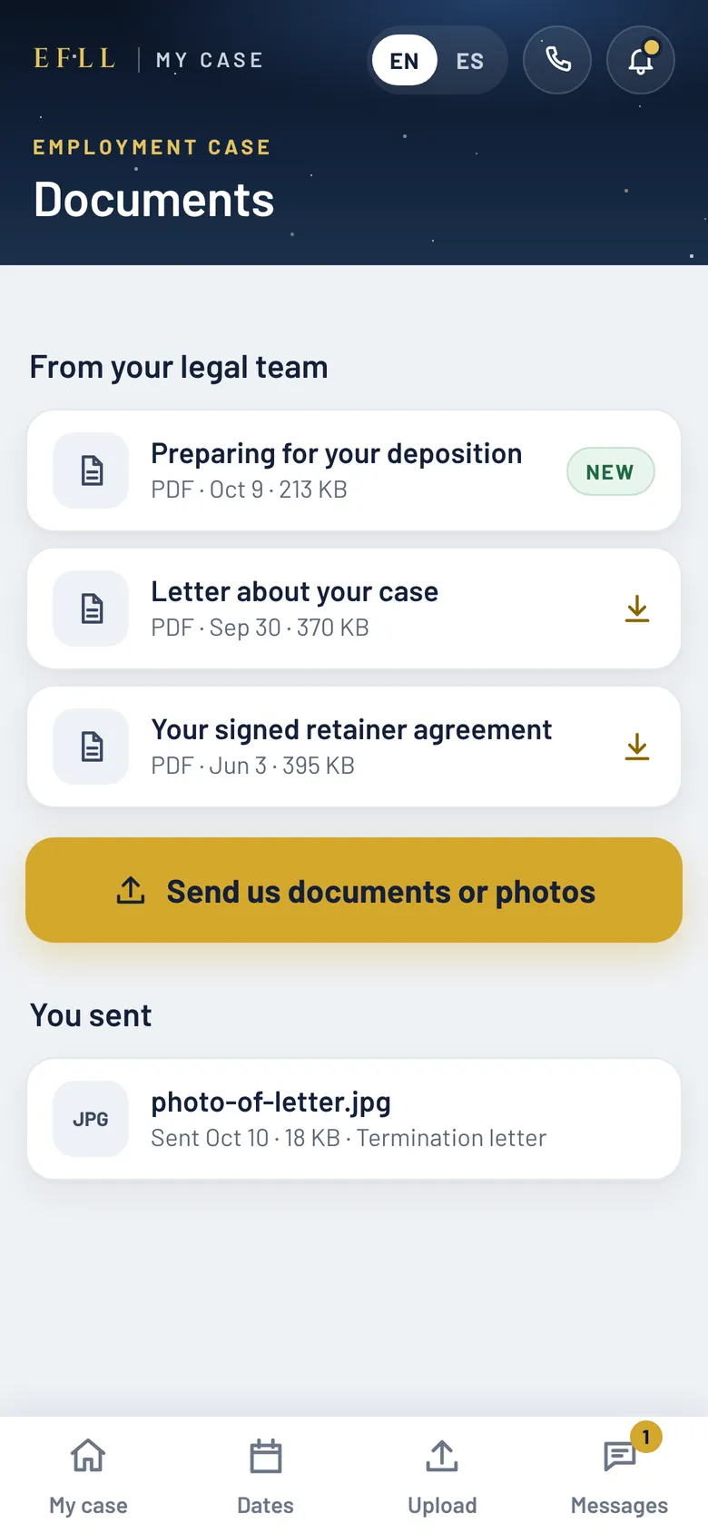 The Documents screen: three documents from the legal team, one marked New, a gold “Send us documents or photos” button, and a You sent list.
