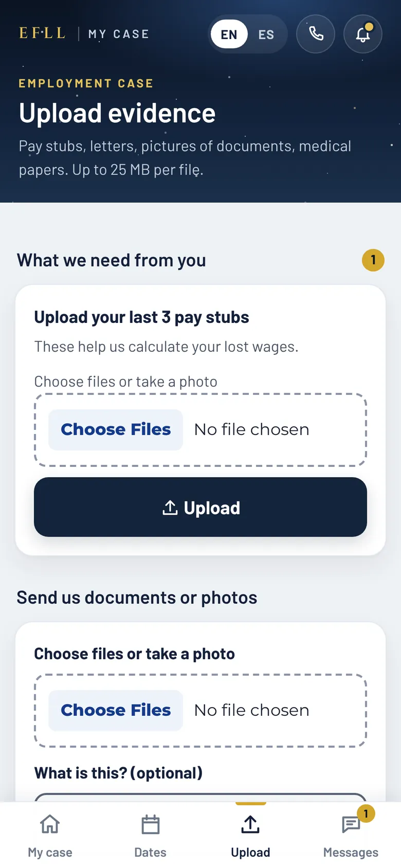 The Upload evidence screen: a request to upload the last 3 pay stubs with a file picker and Upload button, then the Send us documents or photos form.