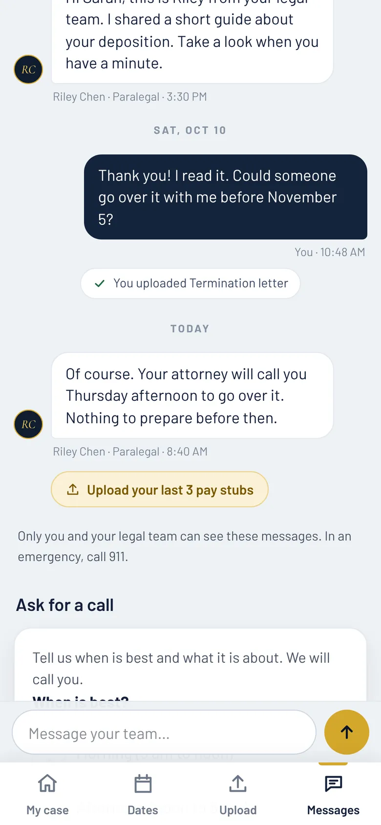 The Messages screen: a client's message and the team's reply grouped by day, a note that the client uploaded a file, and the Message your team box.