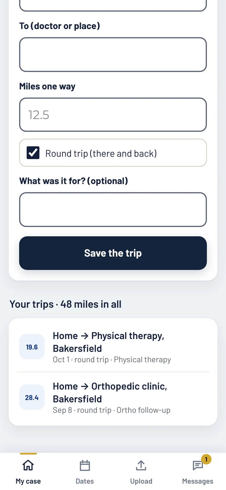 The mileage screen: the end of the Log a trip form with a Save the trip button, then Your trips, 48 miles in all, listing two round trips.