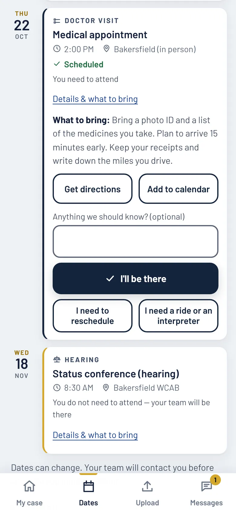 An appointment opened to Details & what to bring: tips on what to bring, Get directions and Add to calendar buttons, and the answers I'll be there, I need to reschedule, and I need a ride or an interpreter.