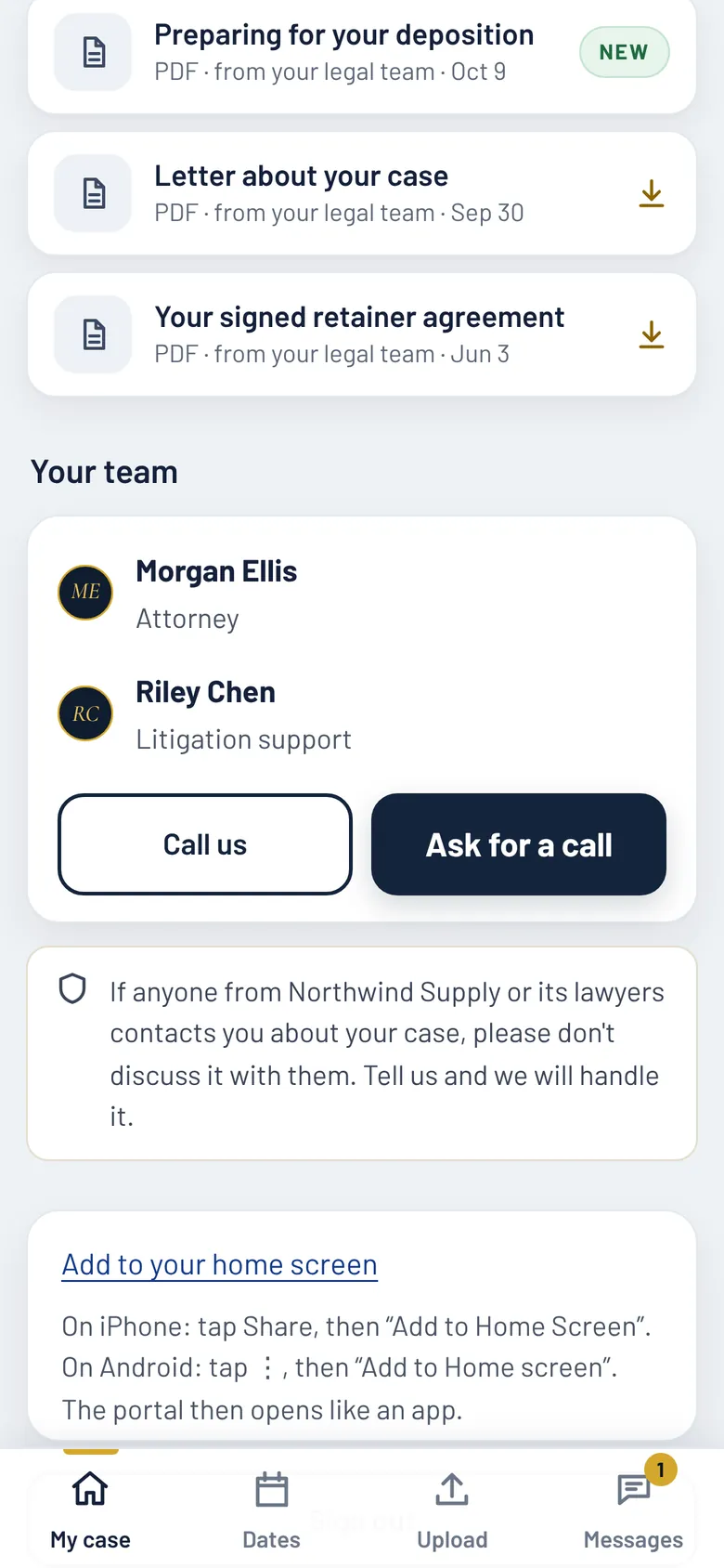 The bottom of the Home screen: Your team with Call us and Ask for a call buttons, a reminder not to discuss the case, and the opened “Add to your home screen” instructions.