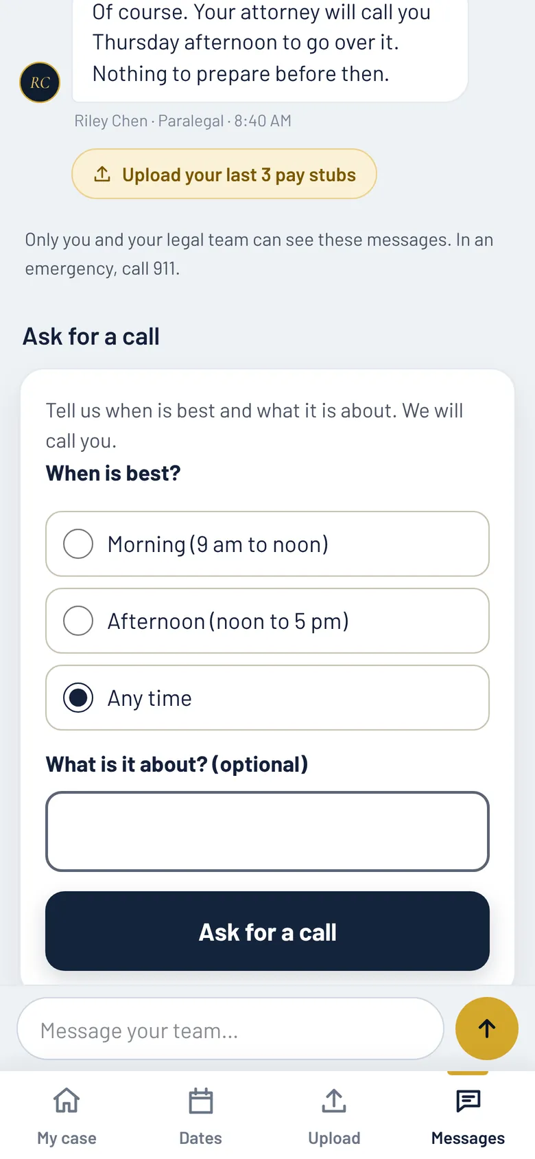 The Ask for a call form with Morning, Afternoon and Any time choices, an optional topic box, and an Ask for a call button.