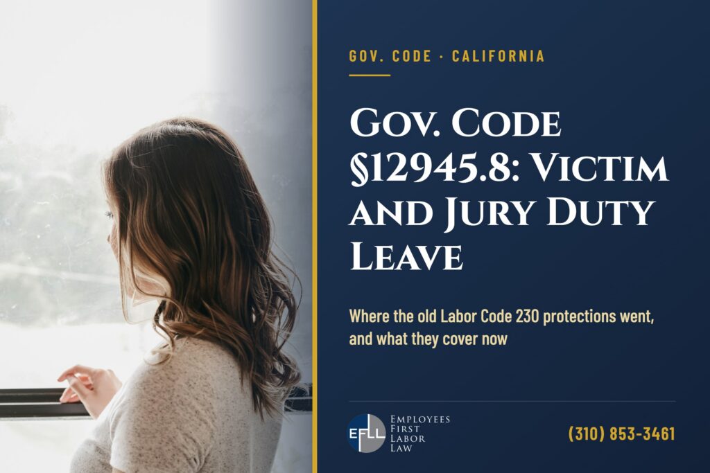 Woman seen from behind looking out a window, illustrating leave rights for survivors of violence under California Government Code 12945.8