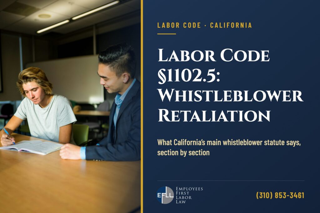 Employee meeting with a manager across a desk and writing down a report of a workplace legal violation, California Labor Code 1102.5 whistleblower retaliation