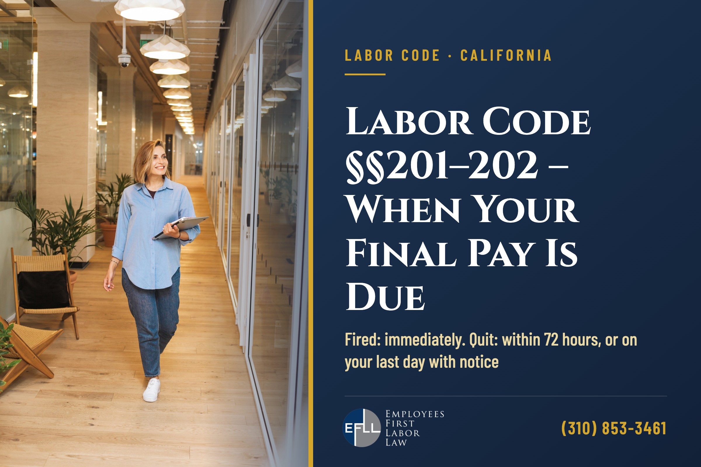 Employee walking out of an office on her last day of work in California