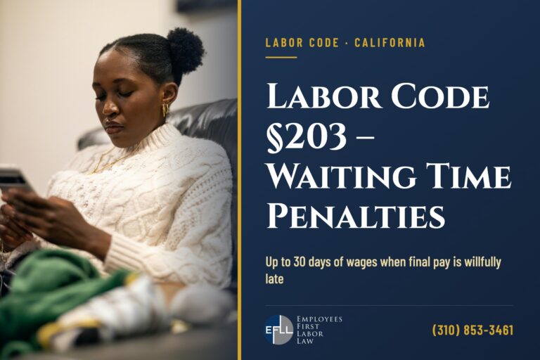 Worker checking her phone while waiting for a late final paycheck in California