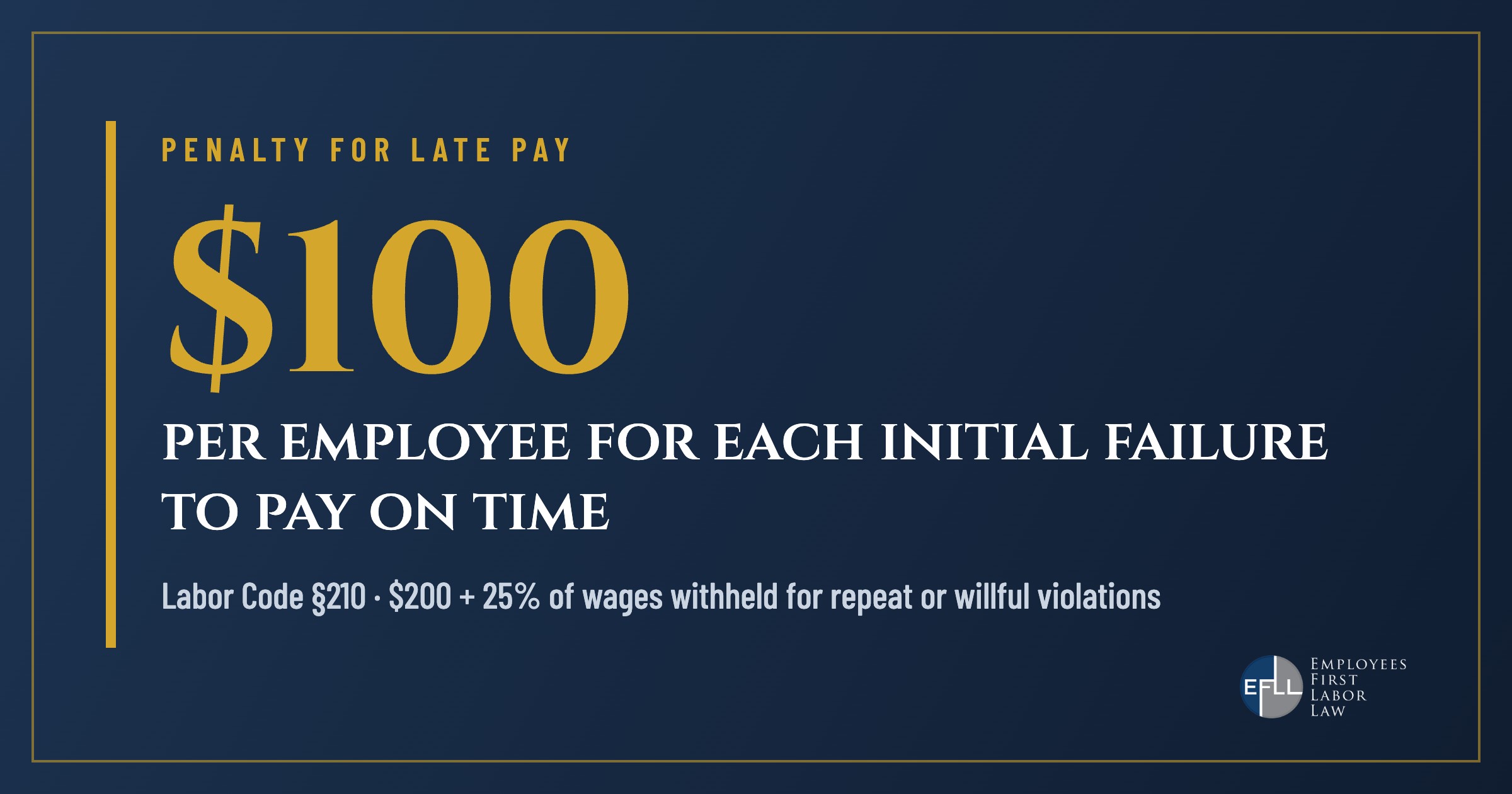 Labor Code 210 late paycheck penalty: $100 per employee per initial violation