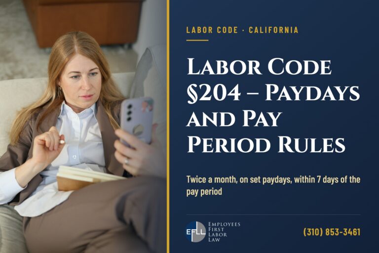 Employee checking her phone for a paycheck deposit on payday in California