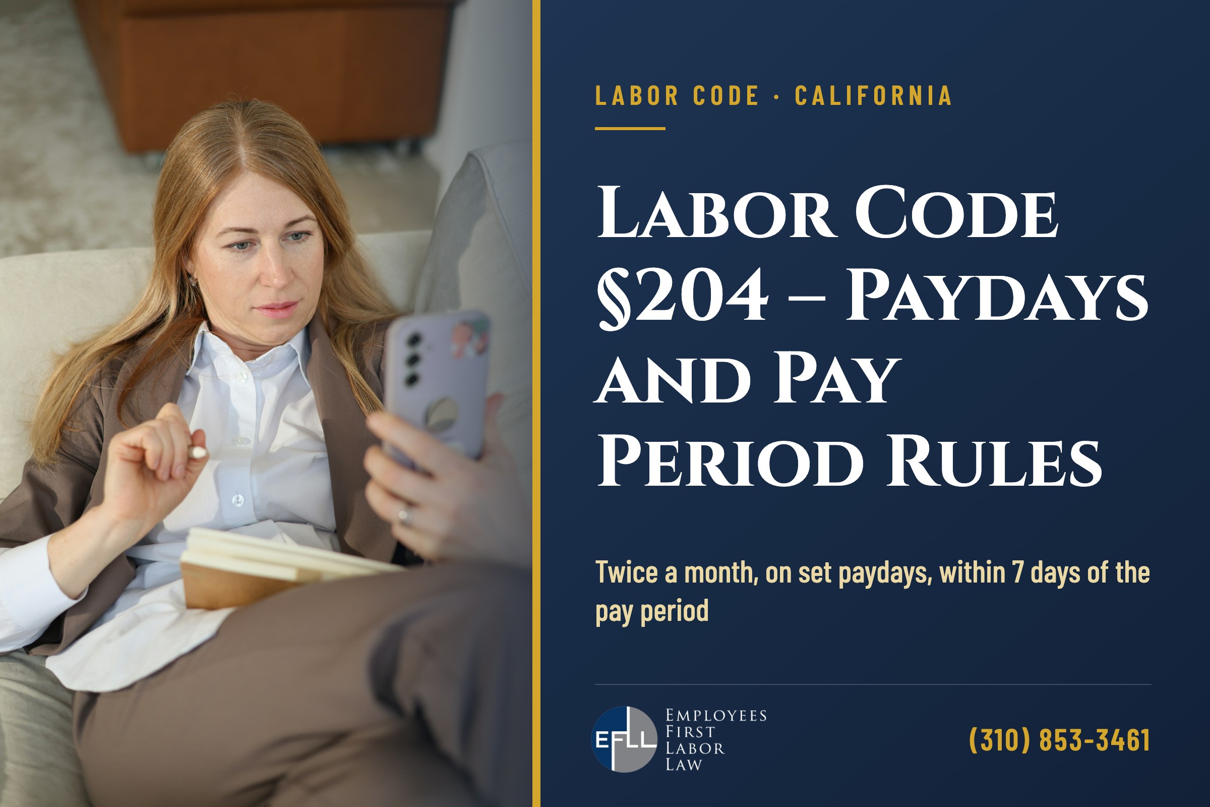 Employee checking her phone for a paycheck deposit on payday in California