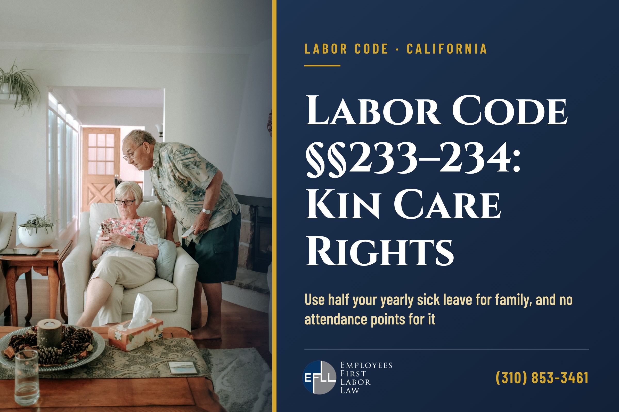Adult son caring for his elderly mother at home, illustrating kin care sick leave under Labor Code 233