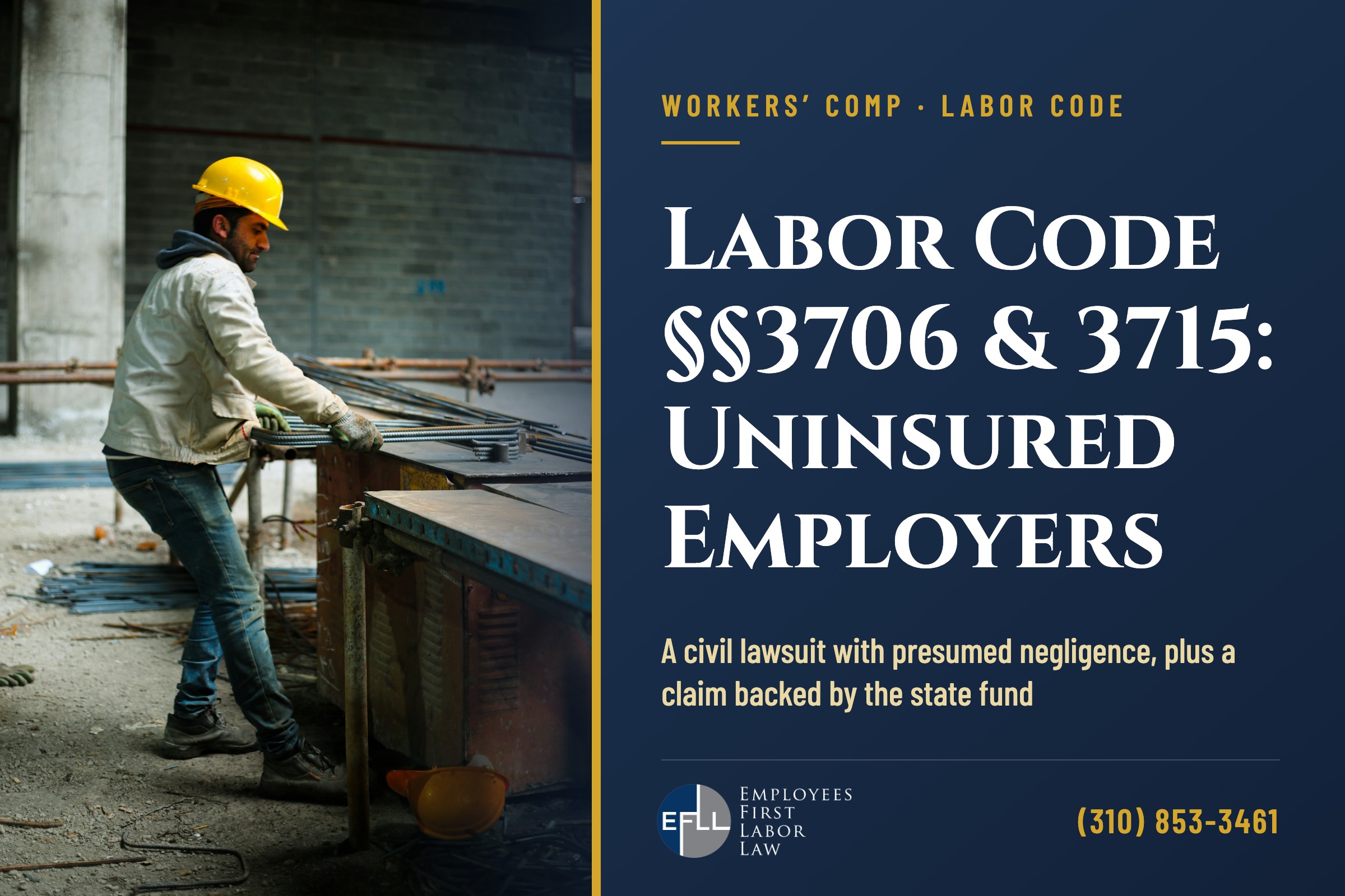 Construction worker in a hard hat at a job site, illustrating claims against uninsured employers under Labor Code 3706 and 3715