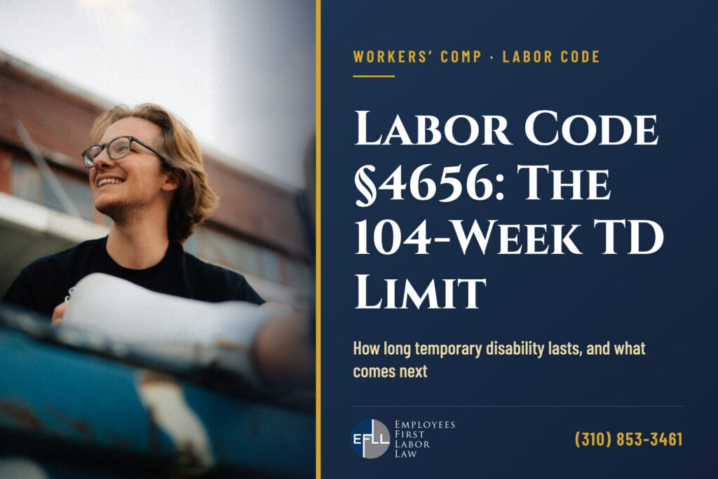Smiling injured worker with his arm in a cast, recovering while on temporary disability, Labor Code 4656 104-week TD limit