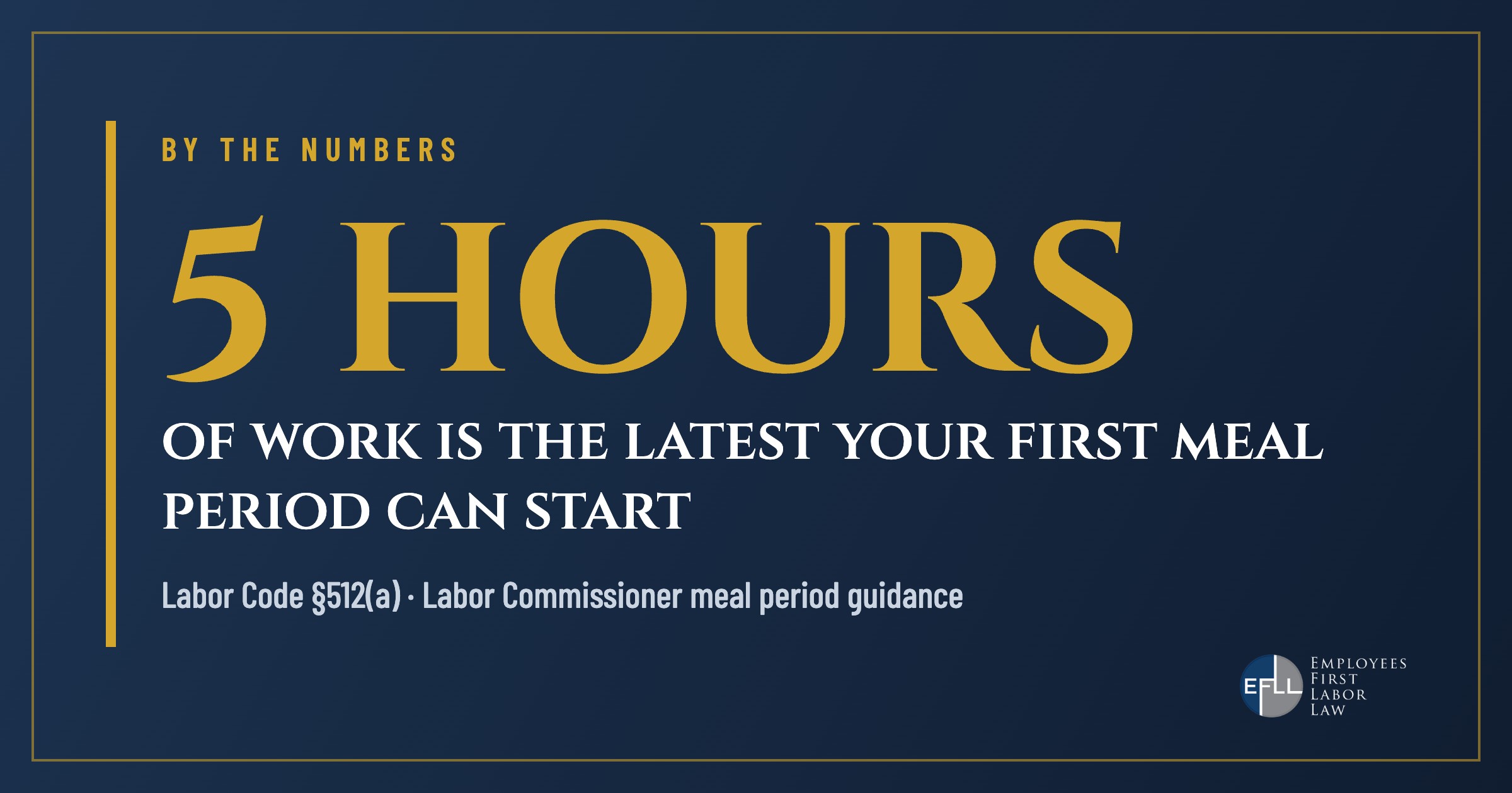 First meal period must start by the end of the fifth hour of work in California