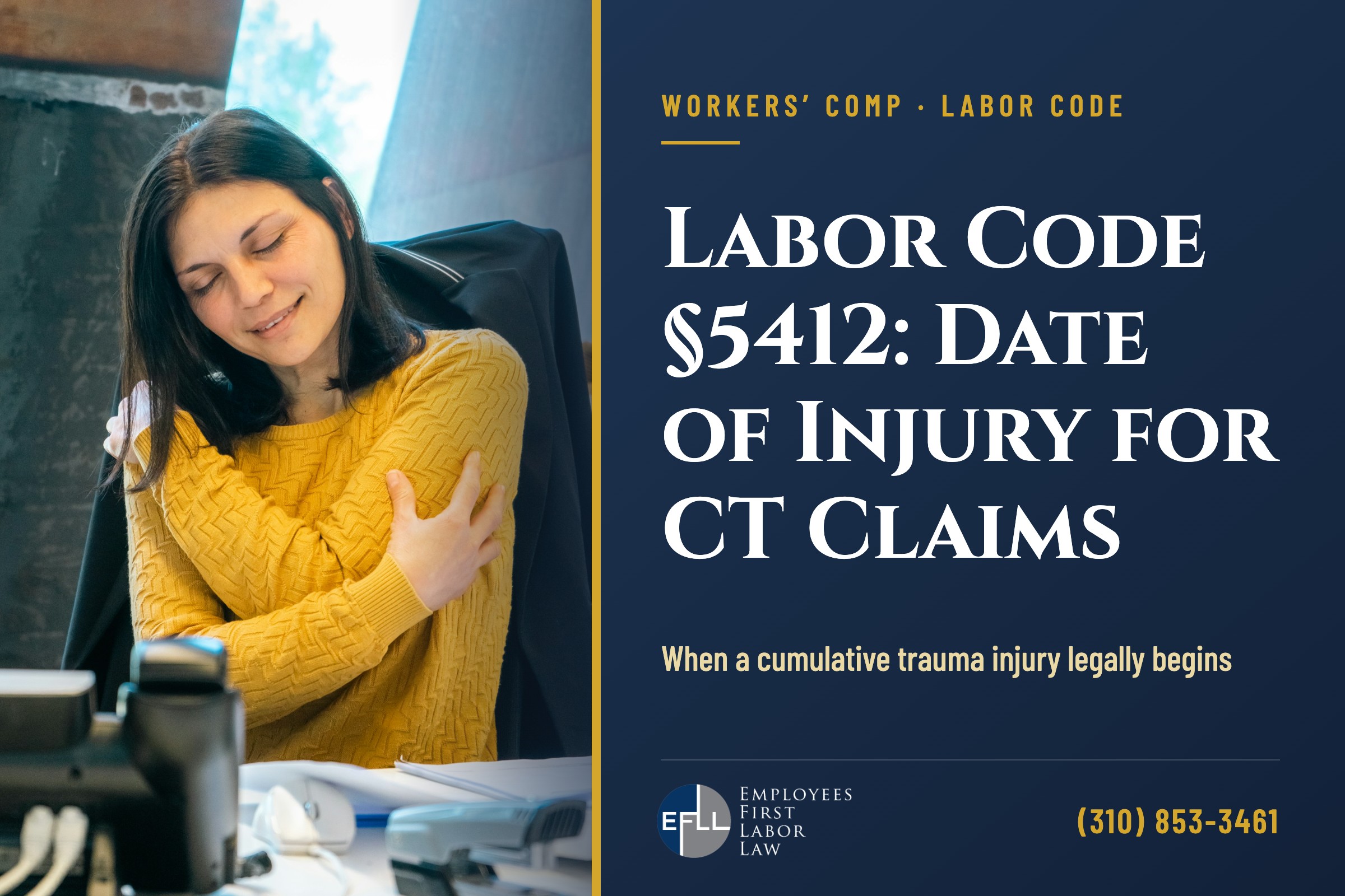 Office worker holding her shoulder from a repetitive cumulative trauma injury, Labor Code 5412