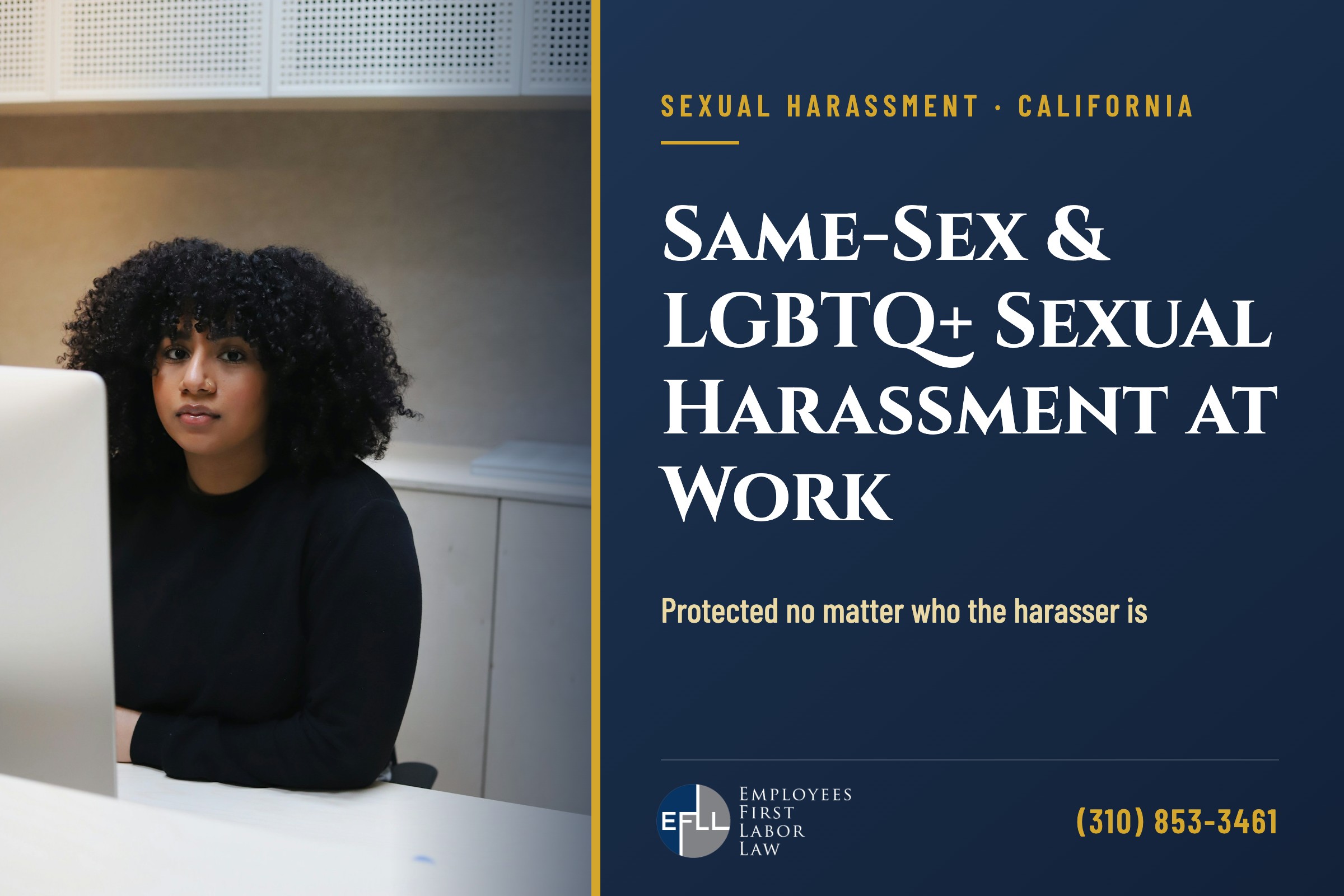 Employee at an office desk, illustrating same-sex and LGBTQ+ sexual harassment rights in California