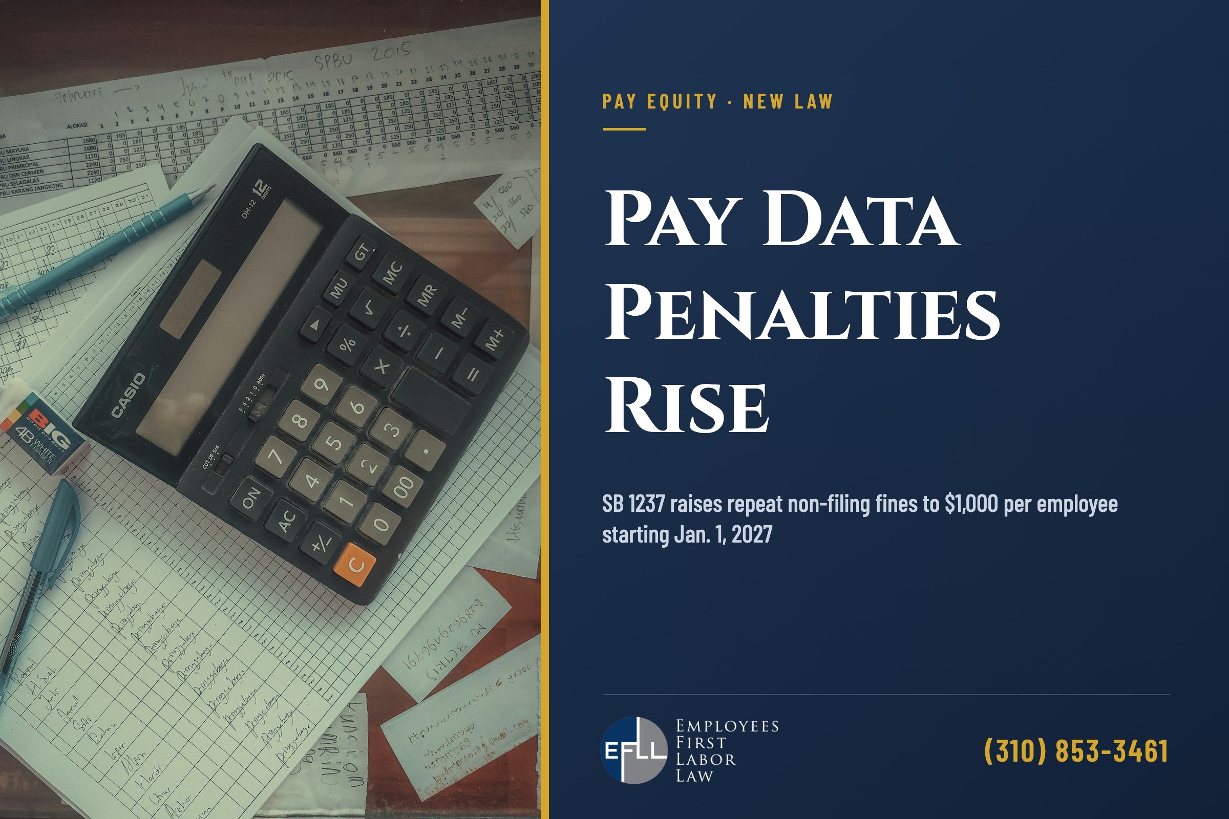 Payroll records and a calculator on an office desk