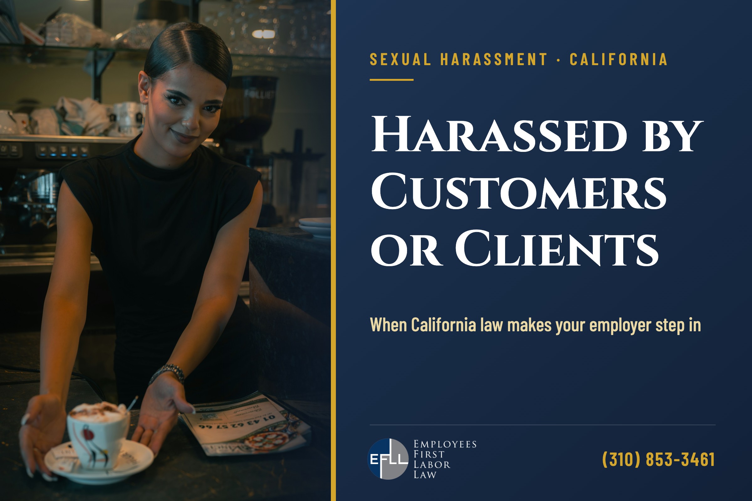 Restaurant server bringing a coffee to a table, illustrating sexual harassment by customers in California