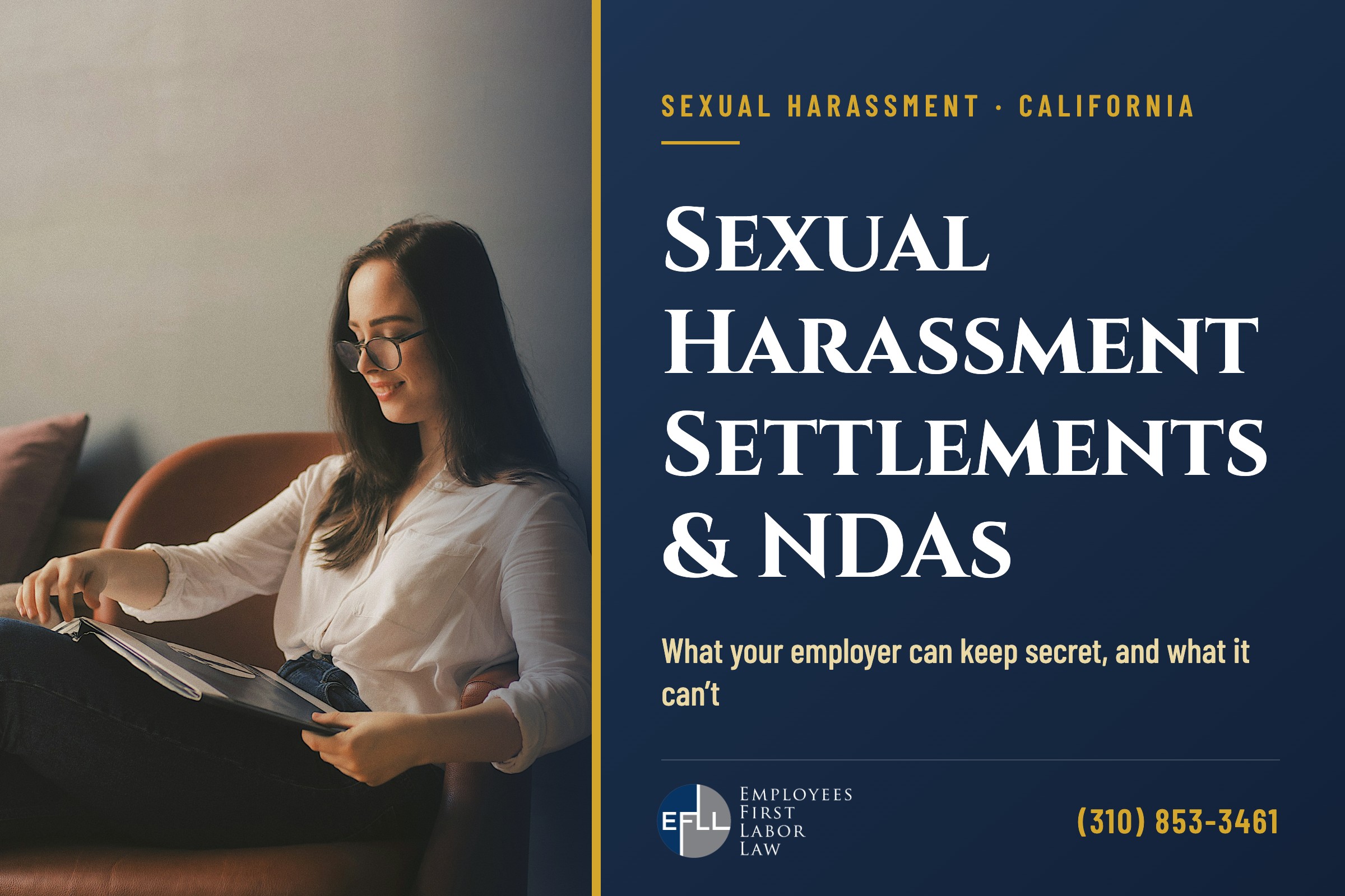 Woman reviewing settlement paperwork, sexual harassment NDAs in California