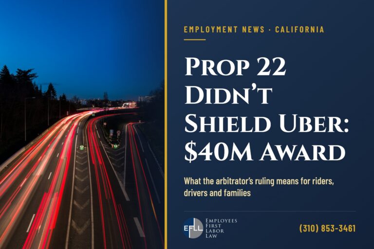 Freeway traffic at dusk, illustrating the Uber $40 million arbitration award and Prop 22 liability