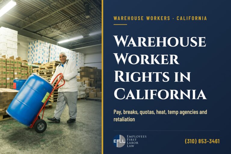 Warehouse worker moving a drum with a hand truck, illustrating California warehouse worker rights